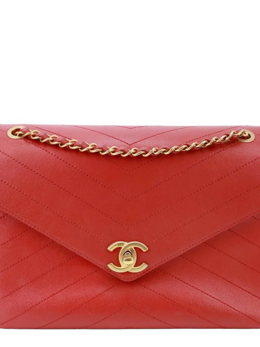 Chanel Envelope Flap Lambskin Chevron Stitched Leather Crossbody Bag Red